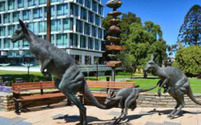 戶外公園跳躍的玻璃鋼仿真動(dòng)物袋鼠雕塑