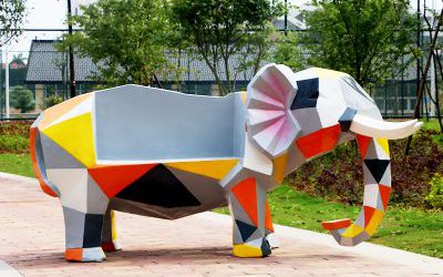 幾何塊面卡通大象座椅玻璃鋼雕塑園林公園景區裝飾品